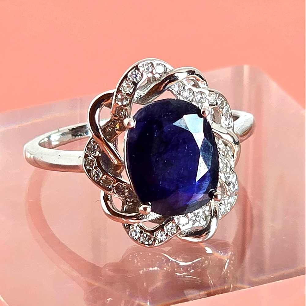 925 Sterling Silver Ring Sz 7.5 with Natural 8x10mm Sapphire Gemstone